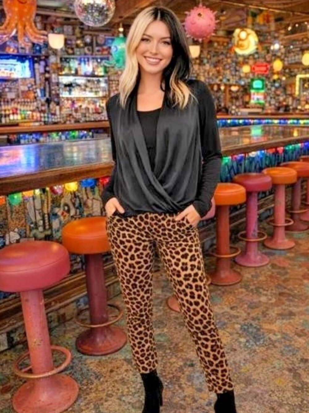 MICHAEL KORS Black Long Sleeve Faux Wrap Front Top w/Attached Cami NWT